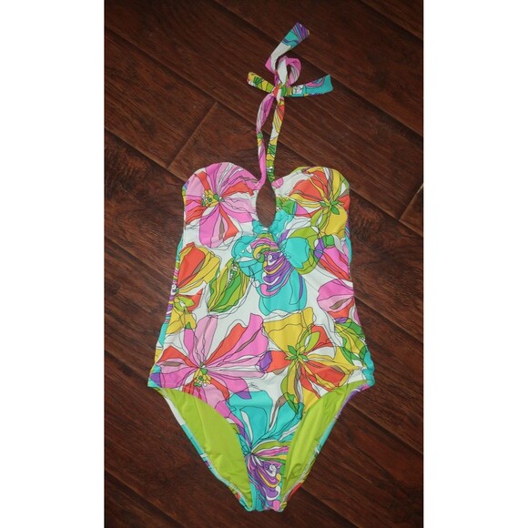 Trina Turk One Piece Swimsuit 12 14 Tropical Halter Top Kaleidoscope L XL Swim - Picture 1 of 10